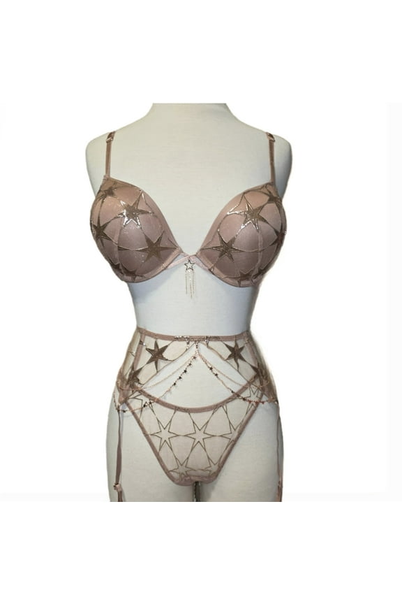 Rose Gold Starstruck Bombshell Bra & Thong Matching Set - 32D/Small