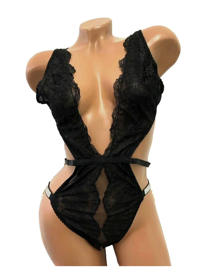 Victoria's Secret Sexy Black Lace Rhinestone Teddy Bodysuit Shine Strap  Logo Size Medium NWT - Walmart.com