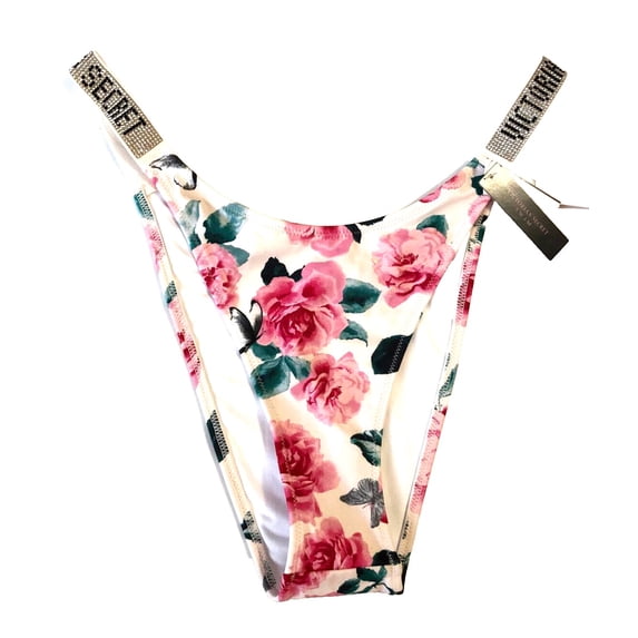 Victoria's Secret Shine Logo Strap Brazilian Swim Bottom Pink Roses Floral Size Medium NWT