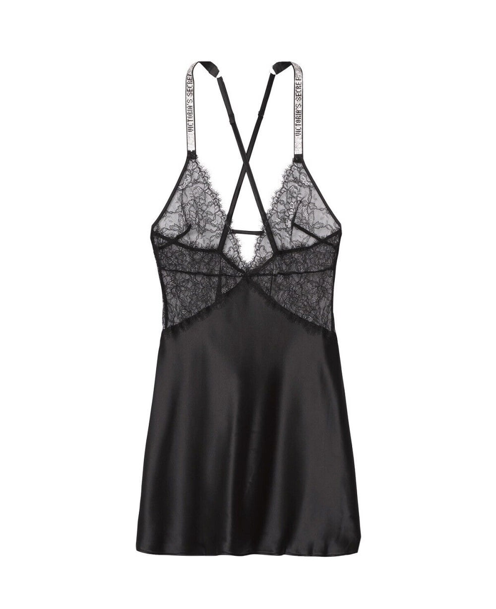 Victoria's Secret Shine Logo Strap Satin & Lace Babydoll Slip Dress Black  Size Medium NWT 