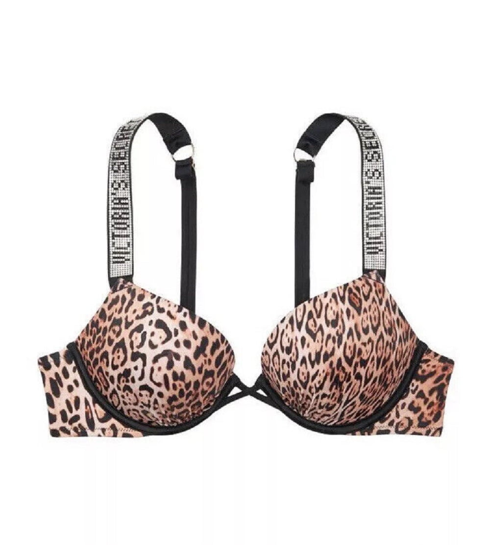 Victoria's Secret Shine Rhinestone Logo Strap Bombshell Add 2 Cups Push Up  Swim Top Leopard Size 36B NWT 