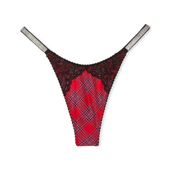 Victoria's Secret Shine Rhinestone Thong Panty Red Plaid Size Medium NWT