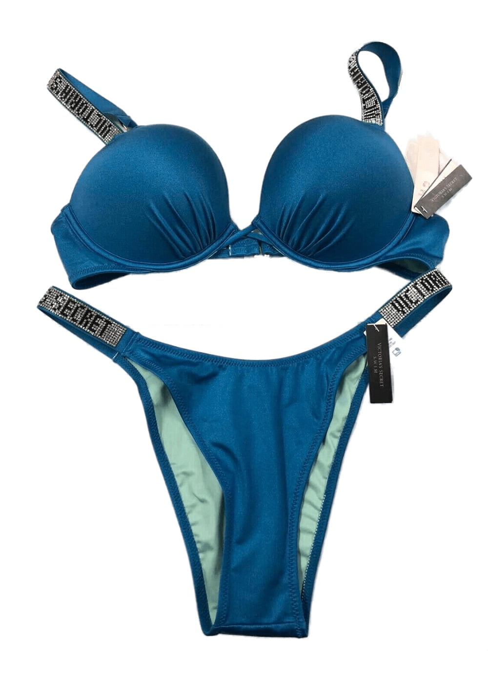Victoria's Secret Shine Strap Bombshell Push Up Top Brazilian Swim 2 Piece  Bikini Set Blue 38C/X-Large NWT
