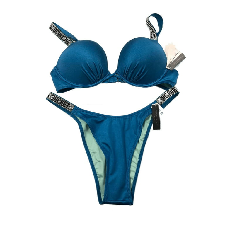 Victoria's Secret Shine Strap Bombshell Push Up Top Brazilian Swim 2 Piece  Bikini Set Blue 38C/X-Large NWT