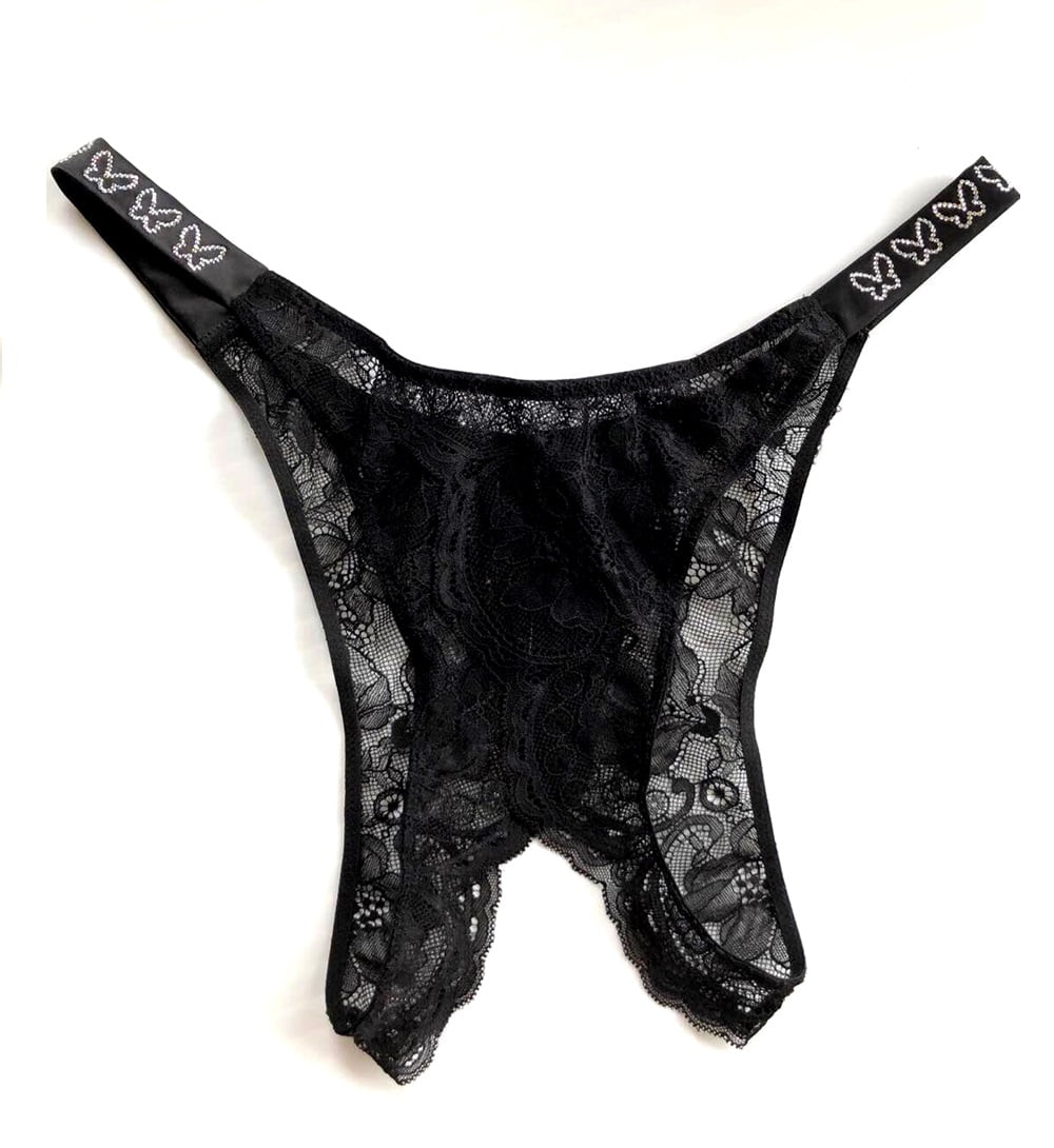 Victoria's Secret Shine Strap Butterfly Brazilian Crotchless Panty Black Lace Size Medium NWT