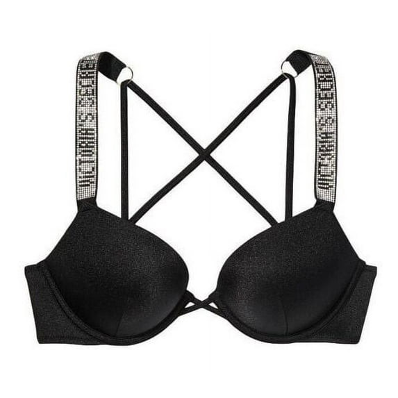 Victoria's Secret Shine Strap Logo Bombshell Add 2 cups Bikini Swim Top Black Size 36DD NWT