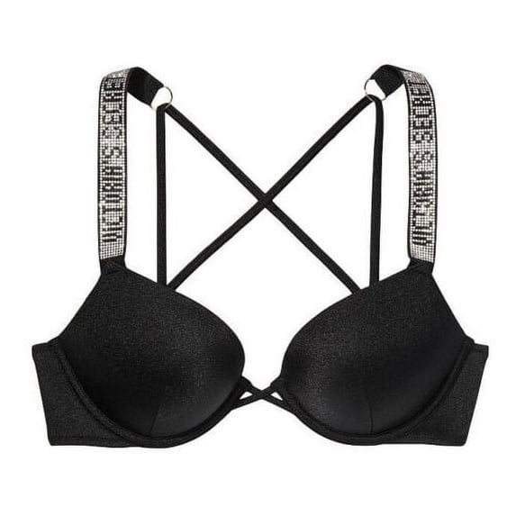 Victoria's Secret Shine Strap Logo Bombshell Add 2 cups Bikini Swim Top Black Size 38C NWT