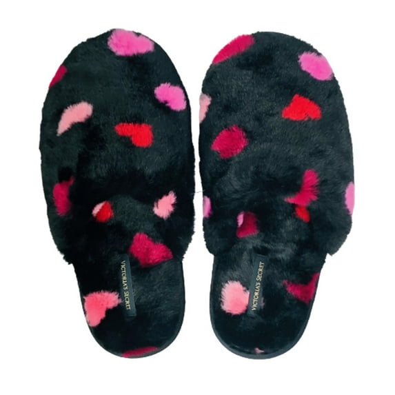Victoria's Secret Soft Plush Closed Toe Faux Fur Black Tiny Hearts Slippers Size Large (9/10) NWT