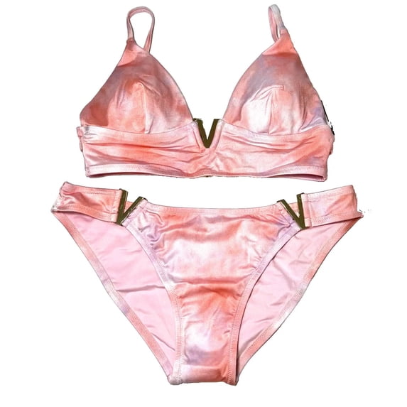 Victoria's Secret Swim 2 Piece Set V-Hardware Bralette Bikini Top/Cheeky Bottom Tie Dye Pink M/M NWT