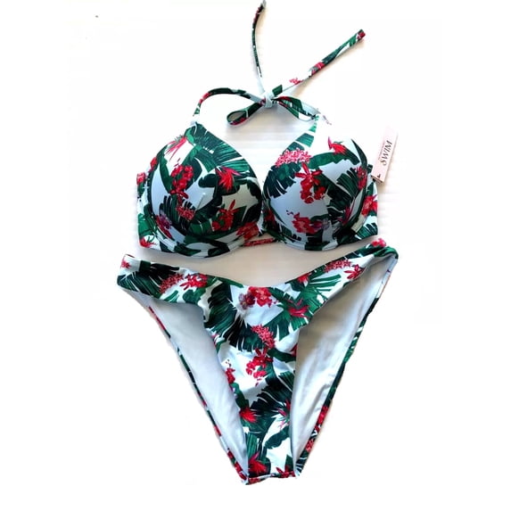 Victoria's Secret Swim Bombshell Add-2-Cups Push Up Bikini 2 Piece Set Blue Palm Floral Size 34D/Medium Bottom NWT