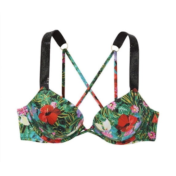 Victoria's Secret Swim Bombshell Push Up Bikini Top Shine Strappy Strap Tropical Floral Cup Size 32D NWT