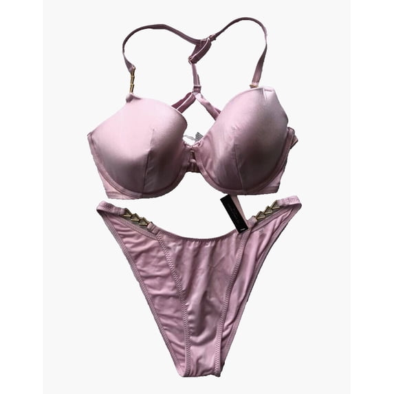 Victoria's Secret Swim Gold Chain Strap Push Up Padded Racerback Bikini 2 PC Set Light Pink Size 34DDD/Medium NWT