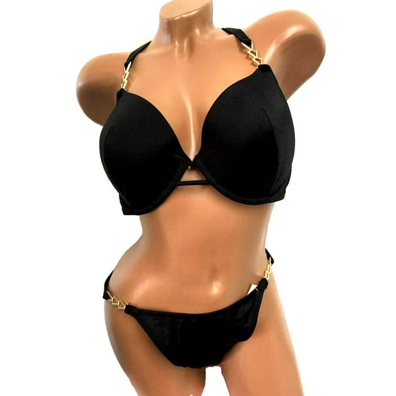 Victoria's Secret Swim Gold Chain Strap Push Up Padded Racerback Bikini Top & Bottom Set Black 36DD/ Large NWT
