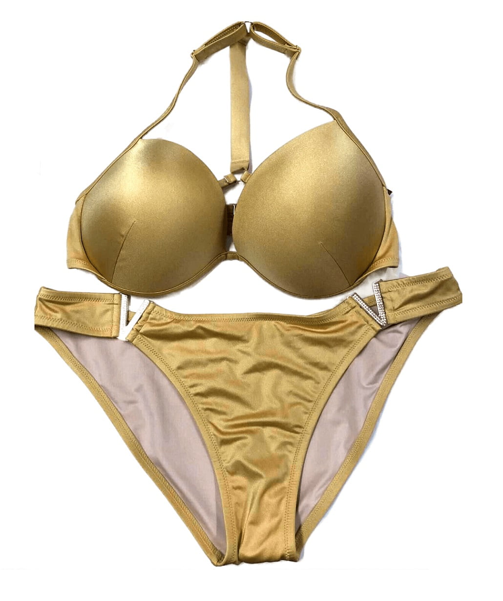 Victoria's Secret Swim Shine Rhinestone T-back Strap Push-Up Bikini 2 Piece  Set V-Gold 36DD/X-Large NWT 