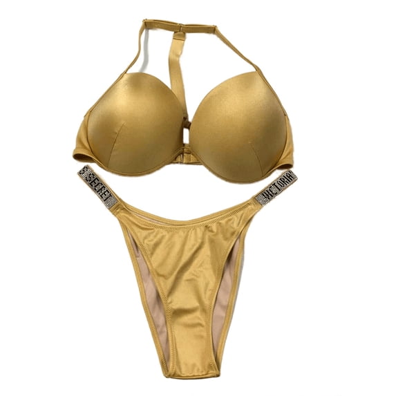 Victoria's Secret Swim Shine T-back Strap Push-Up Brazilian 2 Piece Bikini Set Gold 36B Medium NWT