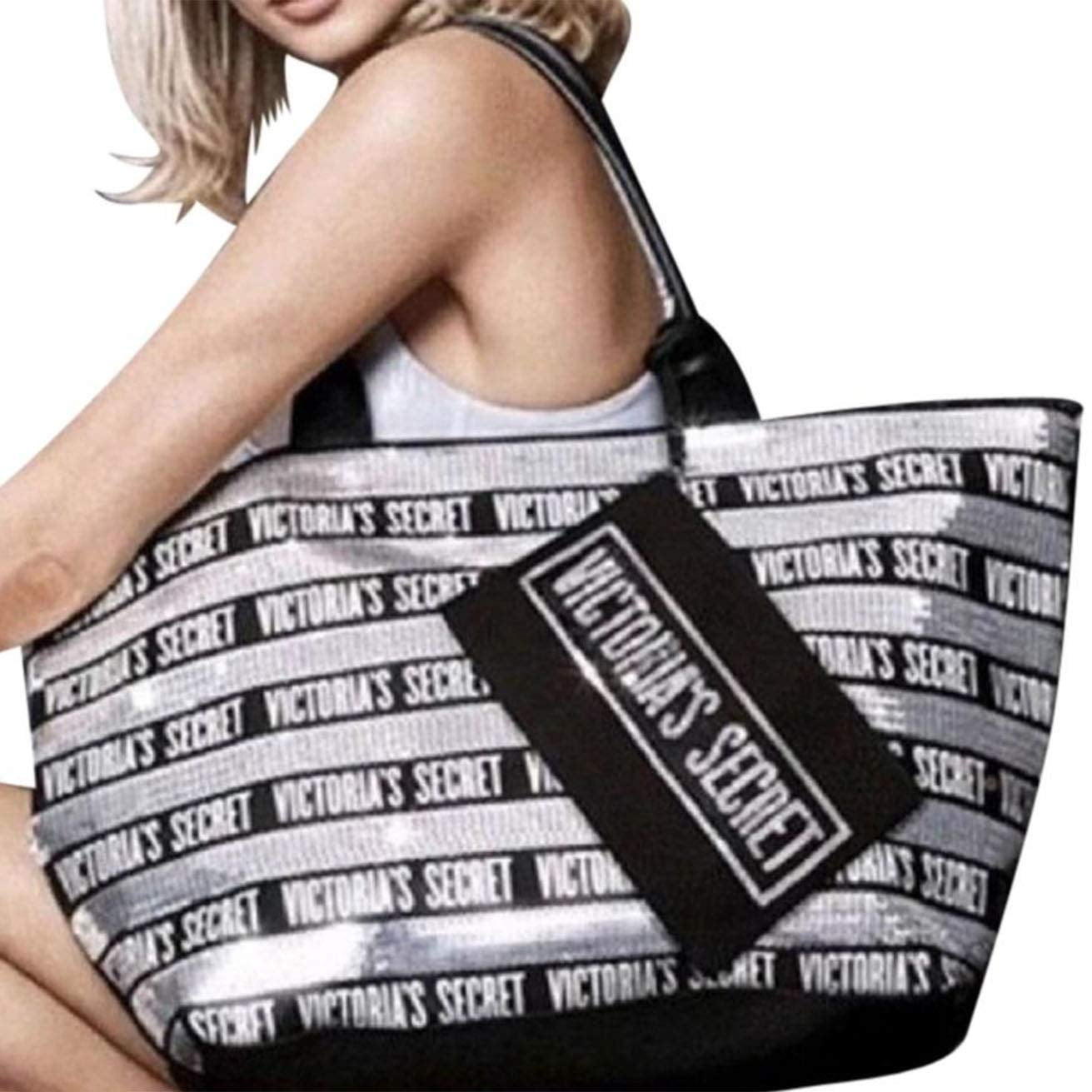 Victoria's Secret Tote Bag 2 Piece Set Black With Silver Sequins Rare