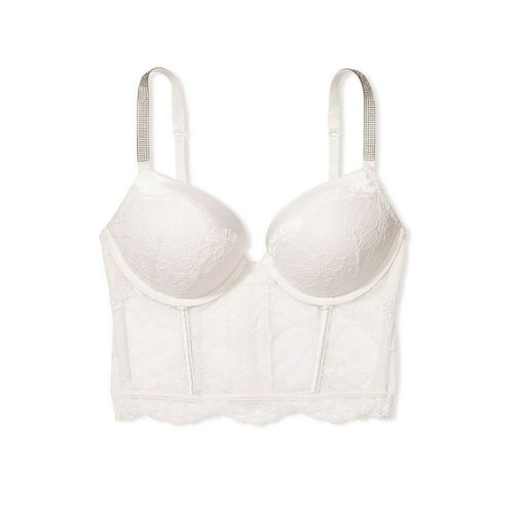 Victoria's Secret Very Sexy Bombshell Push-up Add 2 Cup Size Corset Bra Rhinestone Shine Strap White Lace Cup Size 36D NWT