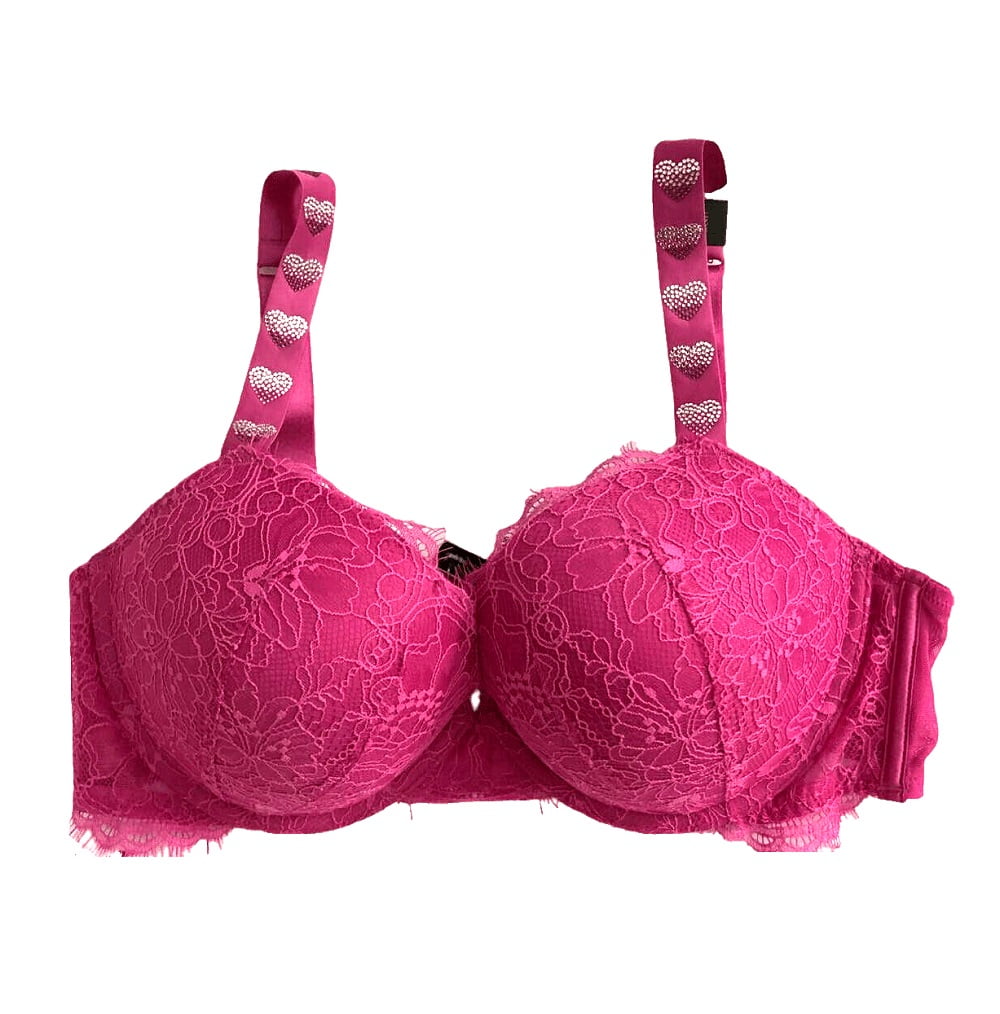 Victoria’s Secret Very Sexy Lace Rhinestones Hearts Shine Strap Push-Up Bra  Fuschia Pink Lace Cup Size 38D NWT