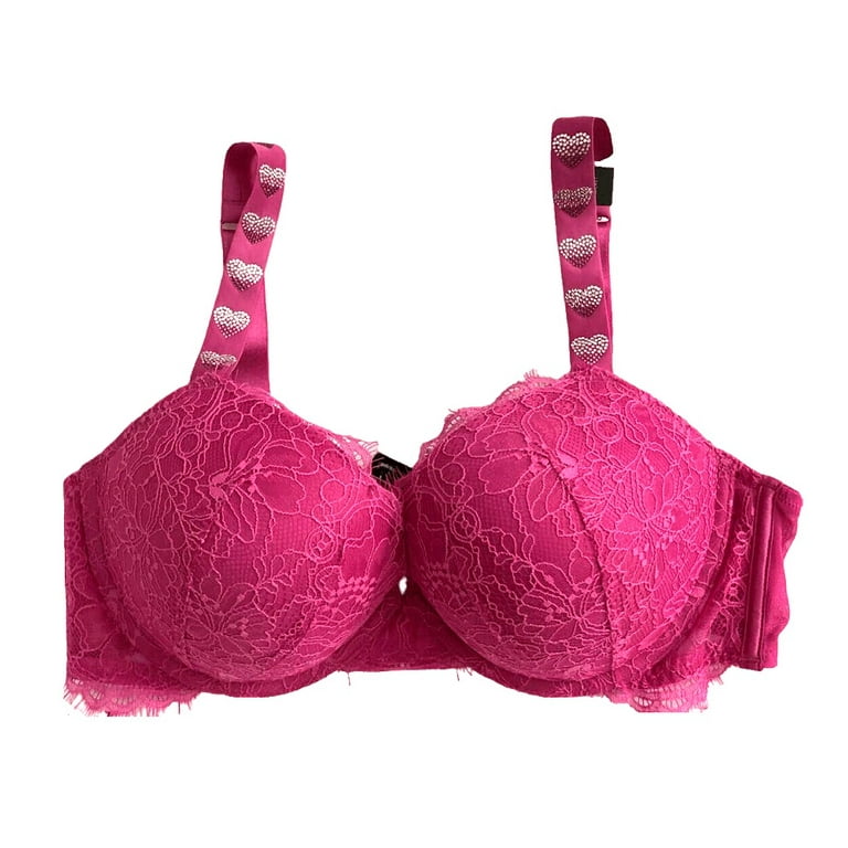 Victoria’s Secret Very Sexy Lace Rhinestones Hearts Shine Strap Push-Up Bra  Fuschia Pink Lace Cup Size 38D NWT