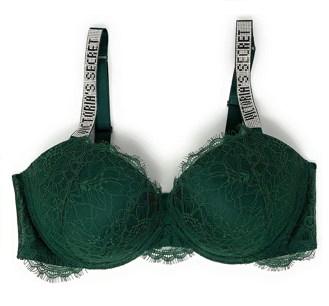 Victoria's Secret Very Sexy Push Up Bra Forest Green Bling Shine Logo  Straps Cup Size 36D New