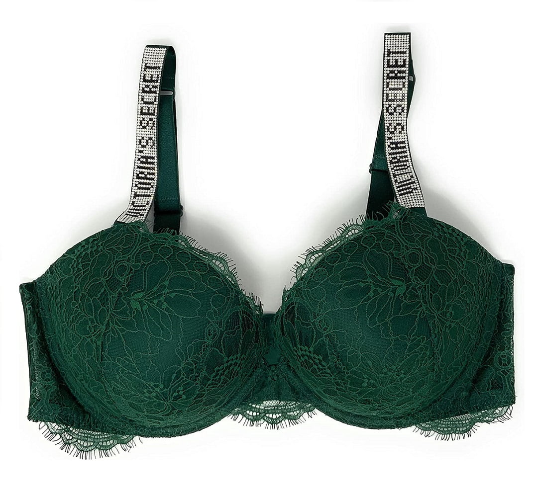 Victoria's Secret Very Sexy Push Up Bra Forest Green Bling Shine Logo  Straps Cup Size 36D New 