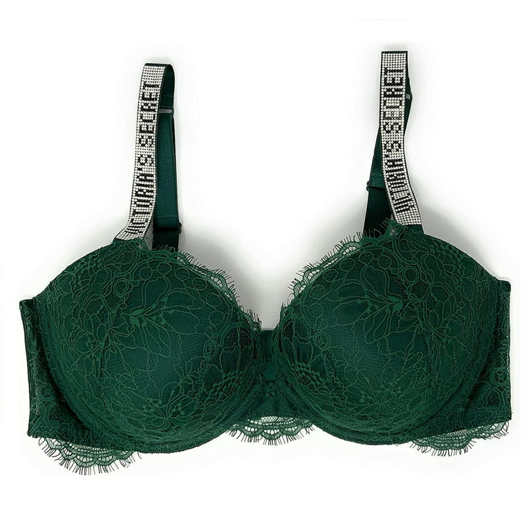 Victoria's Secret Very Sexy Push Up Bra Forest Green Bling Shine Logo Straps  Cup Size 36D New 