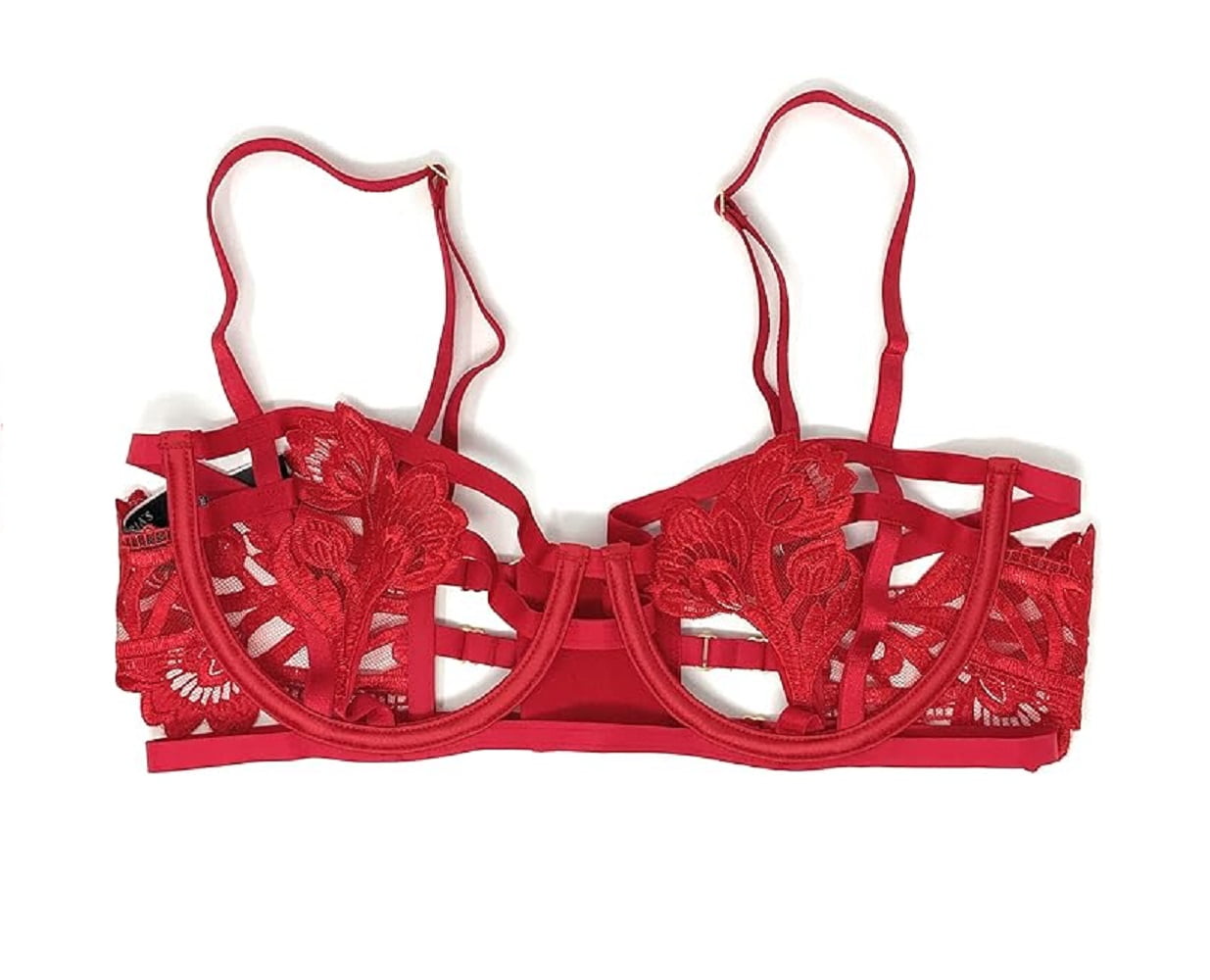 Victoria's Secret Very Sexy Strappy Unlined Balconet Bra Red Applique  Floral Cup Size 38DD NWT