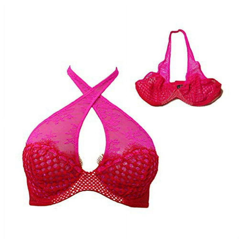 Victoria's Secret Very Sexy Unlined Plunge Halter Bra Fishnet Lace 34C Red  Pink