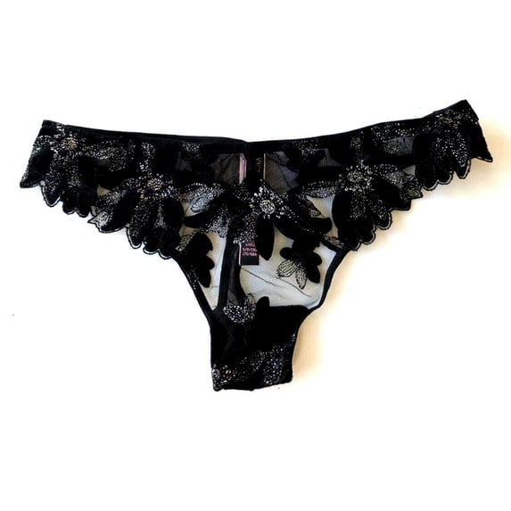 Victoria's Secret Very Sexy Velvet Embroidered Shimmer Thong Panty Black Size X-Large NWT