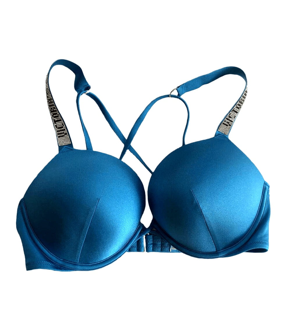 Victoria's Secret Women's Bombshell Add 2 Cups Size Shine Strap Bikini Swim Top Rhinestone Logo Blue Size 34A NWT
