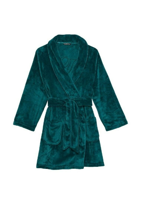 Women's Plush Cozy Short Robe with Embossed Logo Forest Green Size M/L NWT