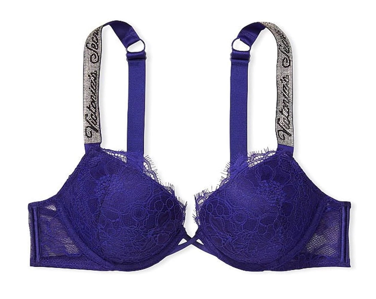Victoria's Secret Womens Bombshell Add-2-cups Lace Shine Strap Color Night  Ocean Blue Size 36B NWT 