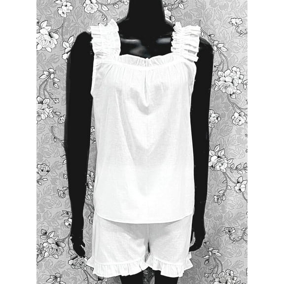 Victorian 100% Cotton Pajama Set Ruffle Strap Top Shorts SoieRose SR1171