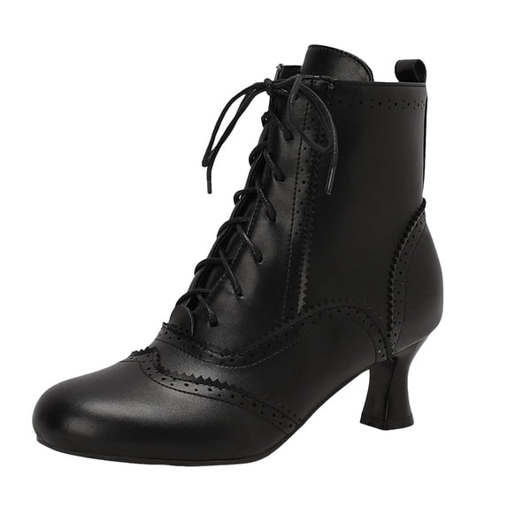 Women's Lace Up Boots Vintage Ankle Mid Heel Almond Toe Victorian Retro