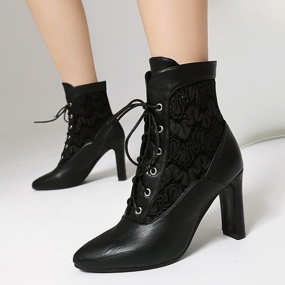 Victorian Ankle Boots for Women Pointed Toe Sexy Lace Short Booties High Block Heel Lace up Elegant Bridal Wedding Dress Boots