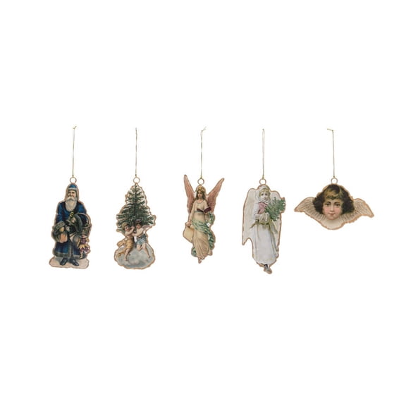 Victorian Art Metal Christmas Ornaments Set of 5 Angels and Santa New