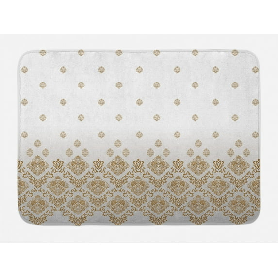 Victorian Bath Mat, Damask Motifs in Vintage Romantic Country Style Ombre Elements Floral Art, Non-Slip Plush Mat Bathroom Kitchen Laundry Room Decor, 29.5 X 17.5 Inches, Gold Gray White, Ambesonne