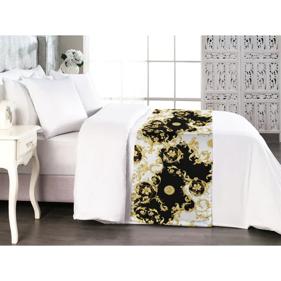 Victorian Bed Runner, Baroque Style Curlicue Leafy Floral Swirls Rococo Design Ornaments, Decorative Accent Bedding Scarf for Hotels Homes & Guest Rooms, Queen, Mustard Black and White, by Ambesonne