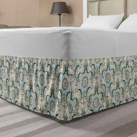Victorian Bed Skirt, Floral Old Fashioned Scroll with Rococo Influences Royal Revival Rich Swirls, Elastic Bedskirt Dust Ruffle Wrap Around for Bedding Decor, 4 Sizes, Multicolor, by Ambesonne