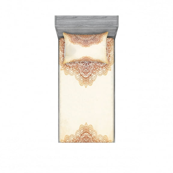 Victorian Bedding Set with Sheet & Covers, Oriental Vintage Ornate Pattern Autehntic Style Mandala Artwork Print, Printed Bedroom Decor 2 Shams, 4 Sizes, Beige, by Ambesonne