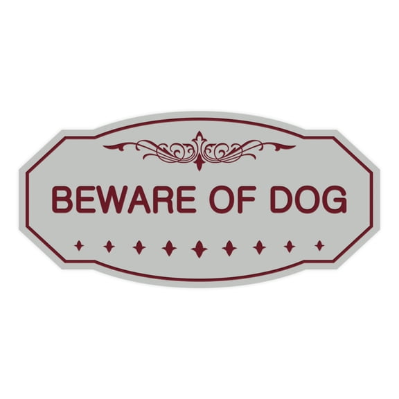 Victorian Beware Of Dog Sign (Light Grey / Burgundy) - Large 5" X 10"