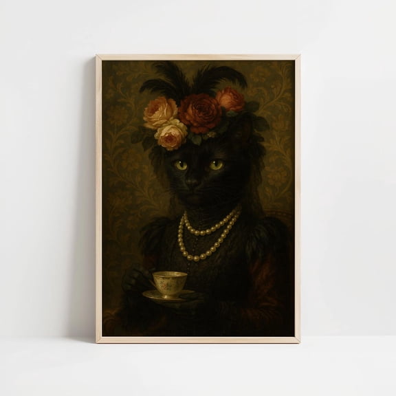 Victorian Black Cat Portrait Dark Academia Animal Art, Unframed Canvas Size 12x18