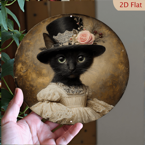 Victorian Black Cat Portrait Wall Art Decor, 8" Round Aluminum, Metal Signs, Wall Decor For Kitchen, Door, Office, Coffee, Bedroom Decor, Best Gifts For Room, Home, Bathroom Decor, 2D Flat