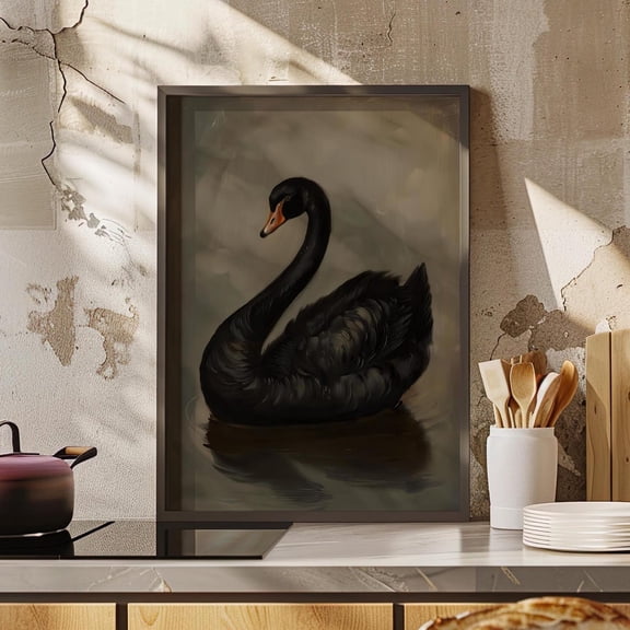 Victorian Black Swan Wall Art, Gothic Moody Animal Decor, Unframed Paper Print Size 12x18