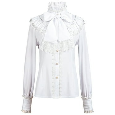 Women's Victorian Gothic Blouse - Long Sleeve Ruffle Top With Lotus Collar, Vintage Office Shirt