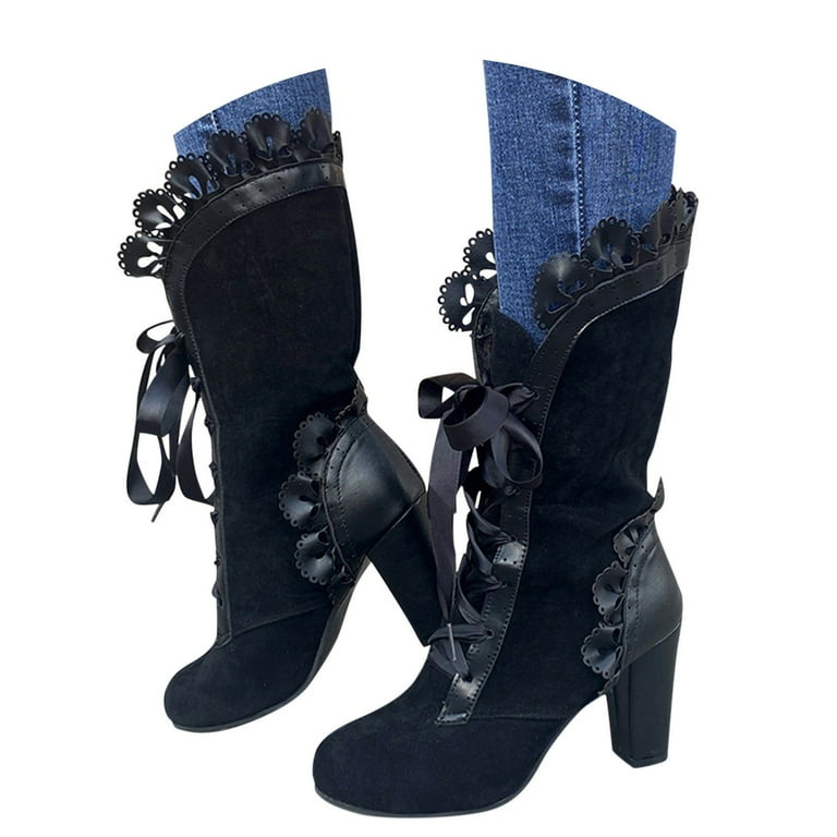 Victorian Boots For Women Vintage Ruffles Goth Boots 70s Casual Heel Lace Lace Up Round Toe Mid Calf Halloween Witch Stuff Knight Boots Walmart