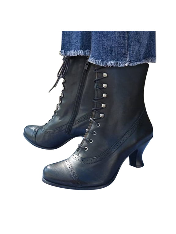 Victorian Boots for Women 70s Vintage Renaissance Booties Lace up Ankle Low Heel Pointed Toe Goth Boot Mid Calf Boots Witch Costume Shoes Black Women Sandal
