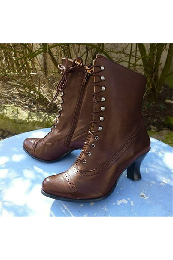 Victorian Boots for Women 70s Vintage Renaissance Booties Lace up Ankle Low Heel Pointed Toe Goth Boot Mid Calf Boots Witch Costume Shoes Brown Women Sandal