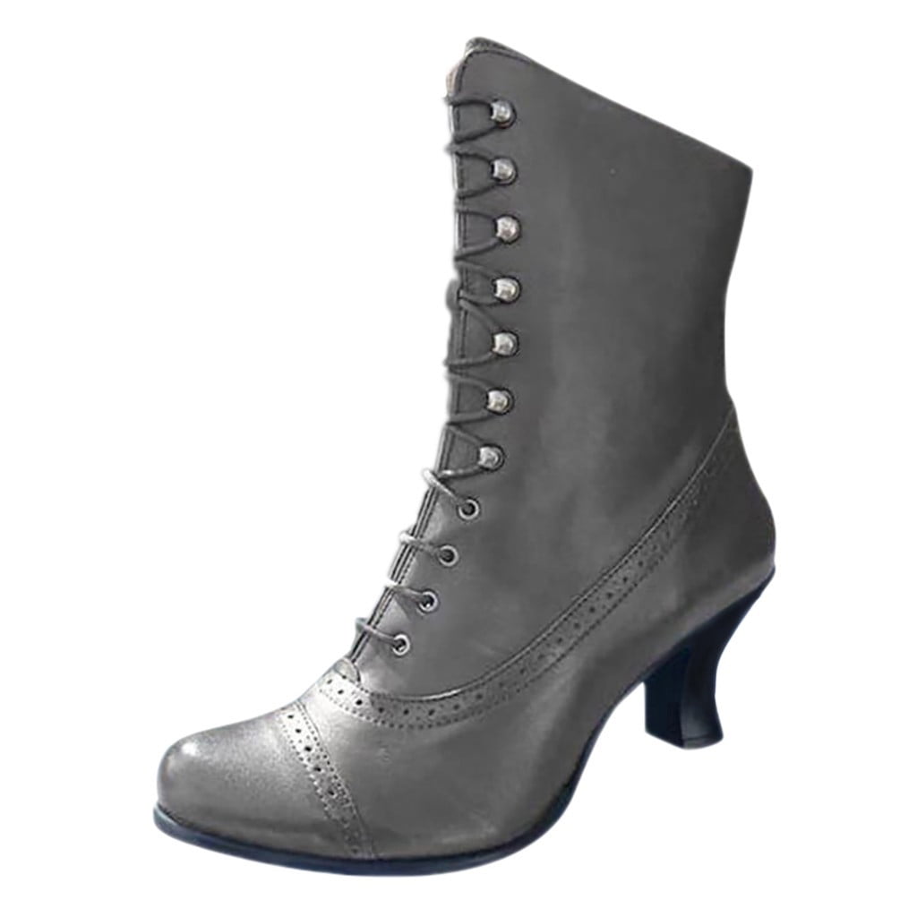 Voviggiw Dames Victoriaanse Laarzen Korte Schacht Enkellaarzen Veters Laarzen met Zijritssluiting en Blokhak Chunky Mid Hak, zwart, 40 EU