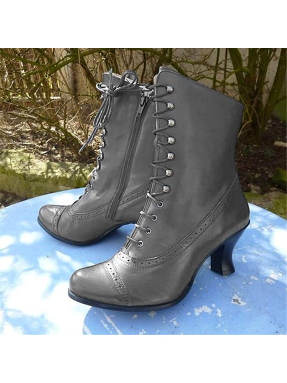 Victorian Boots for Women 70s Vintage Renaissance Booties Lace up Ankle Low Heel Pointed Toe Goth Boot Mid Calf Boots Witch Costume Shoes Gray Women Sandal
